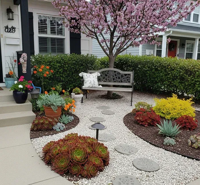 A landscaped front yard featuring a blooming tree, a metal bench, stepping stones on gravel, and potted succulents.