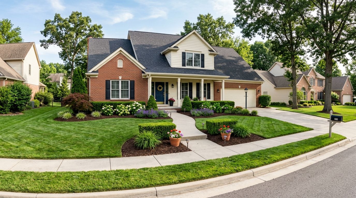 Mulched garden bed with shrubs and a young tree beside a green lawn and house.