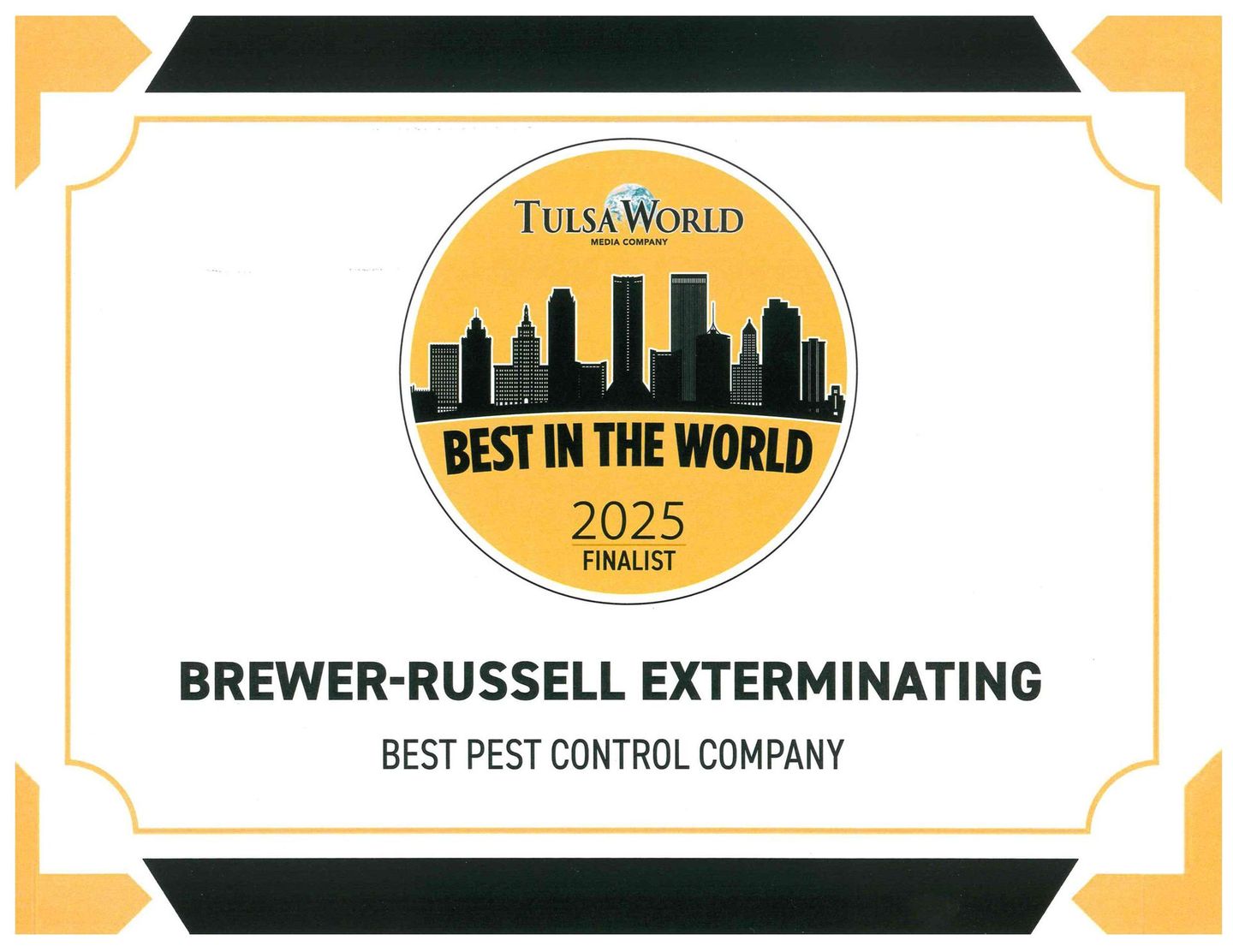 Brewer-Russell Exterminating award plaque, Best Pest Control Company 2025, with gold and black design