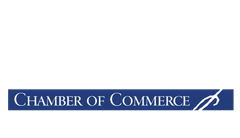 Blue Chamber of Commerce logo with white text and a stylized swoosh icon