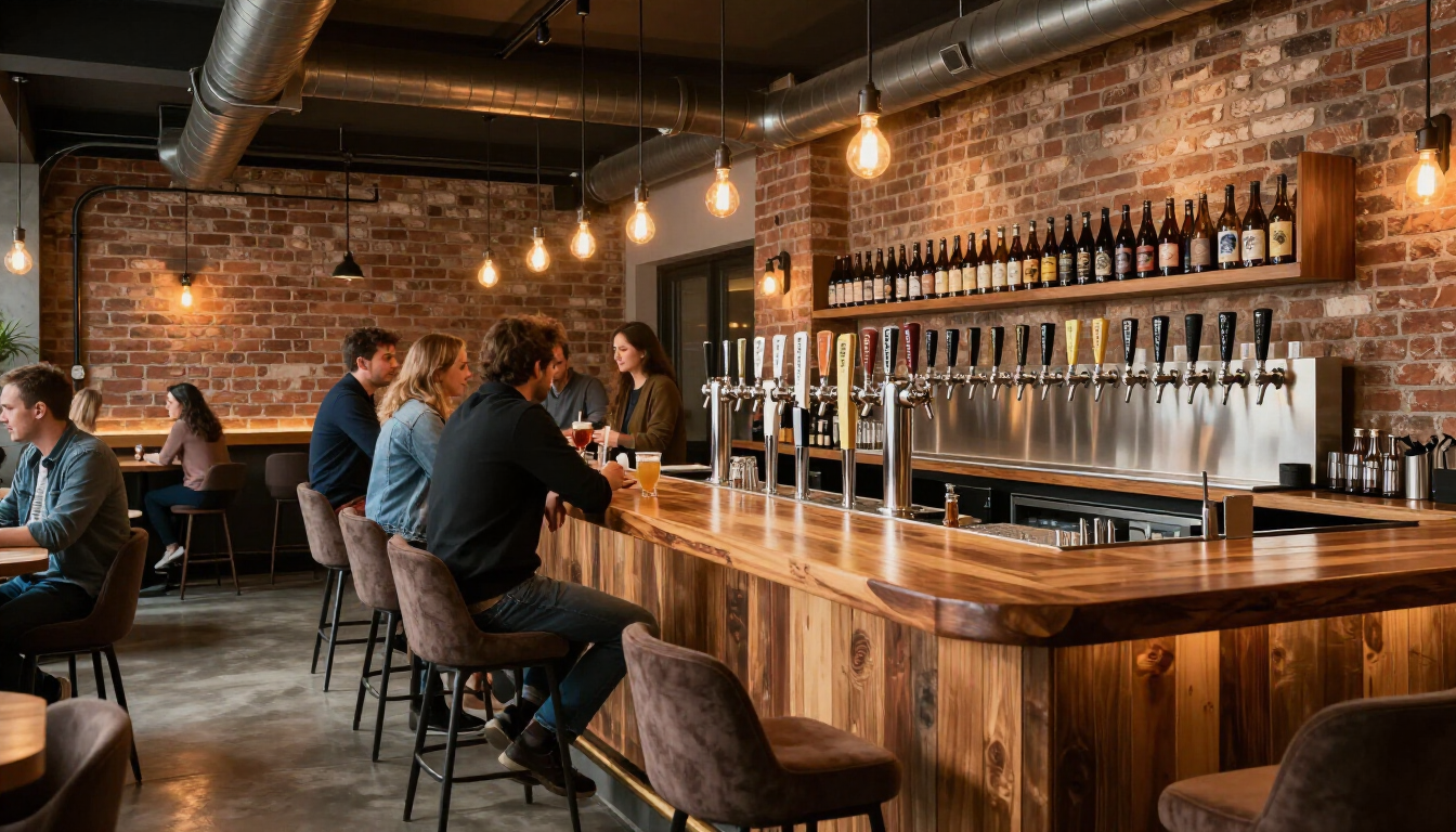 Wnętrze nowoczesnego taproomu w Wilanowie