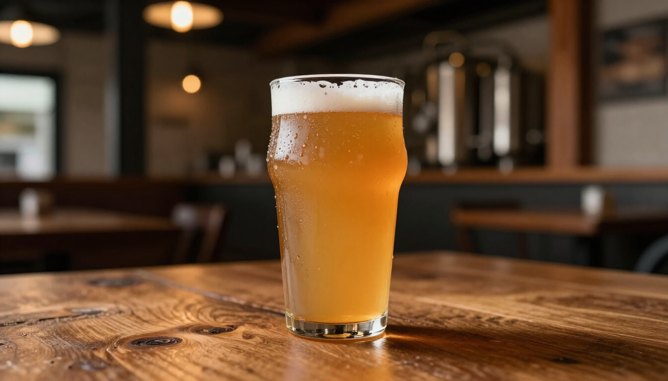 Szklanka mętnego piwa Hazy IPA z Browaru Ziemia Obiecana na barze.