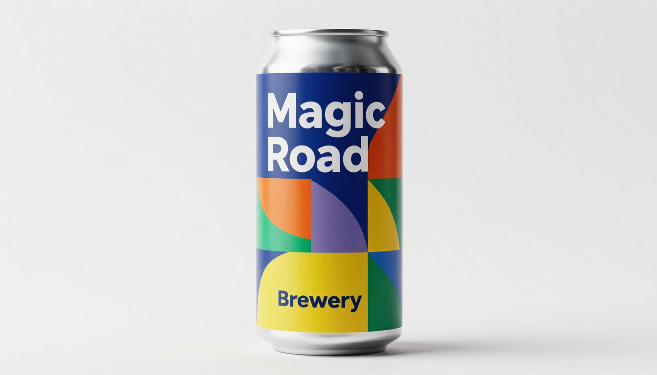 Puszki piwa Magic Road Brewery z kolorowymi etykietami