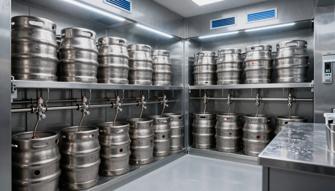 Wnętrze cold roomu w Taproom Wilanów z kegami piwa kraftowego.