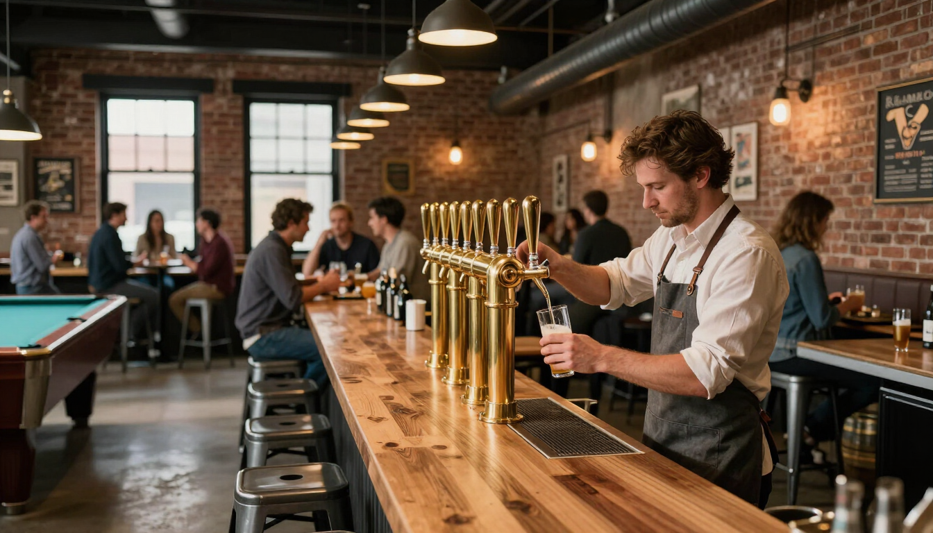 Interior of a modern taproom with 22 beer taps and people enjoying drinks