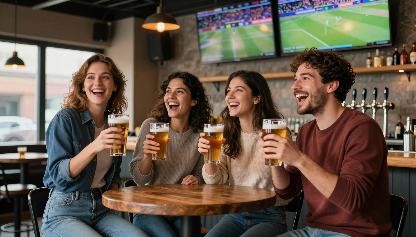 Groups of friends cheering in a bar while watching a sports match on a big screen with craft beers