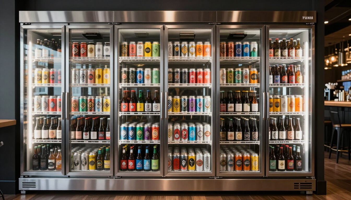 A wall of glass-fronted refrigerators filled with hundreds of colorful craft beer cans and bottles