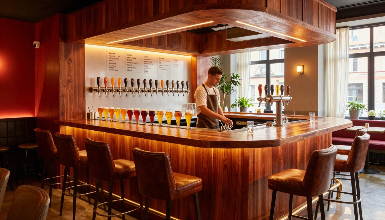 Bar z kranami piwa kraftowego w Taproom Wilanów w Warszawie