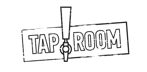 Czarno-biała grafika przedstawiająca uchwyt kranu do piwa umieszczony centralnie nad napisem &bdquo;TAP ROOM&rdquo; w prostokątnej ramce.