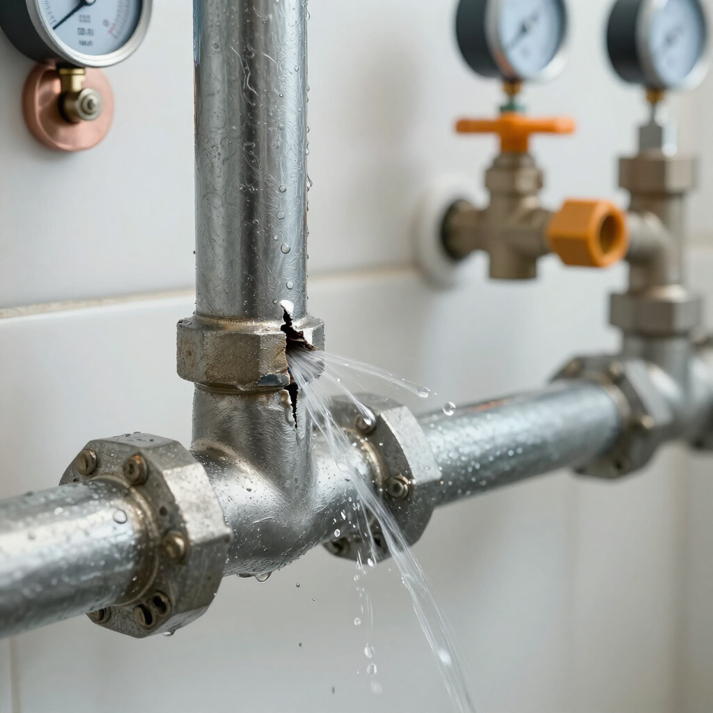 Leaking metal pipe with water spraying from a valve in an industrial setting