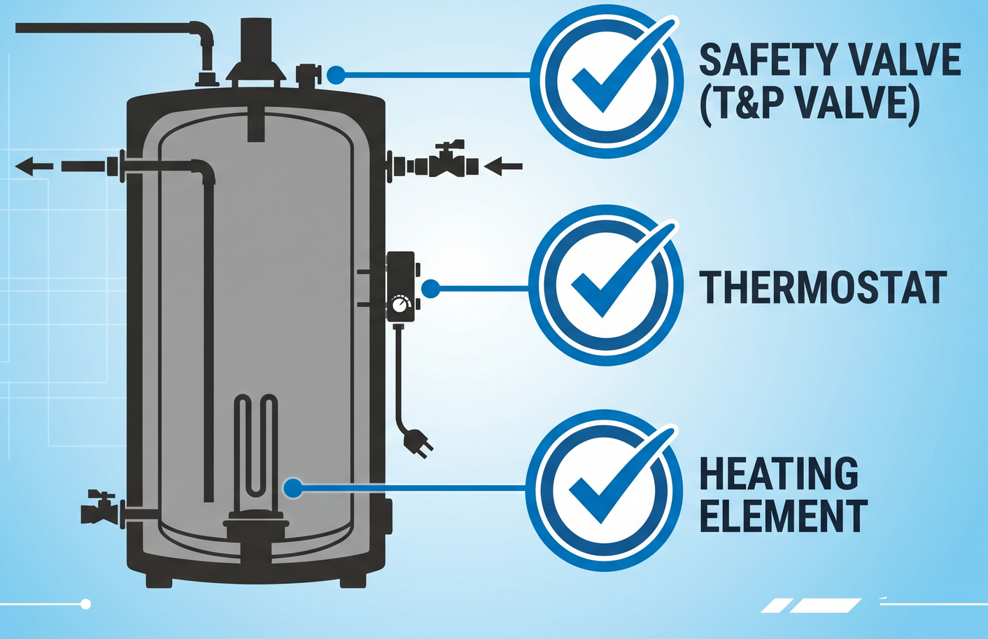 Diagram of a water heater with labeled safety valve, thermostat, and heating element on a blue background