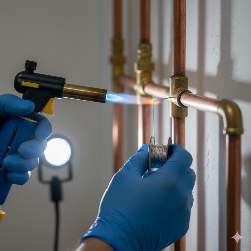 Gloved hands use a torch to solder copper pipes in a bright utility room.