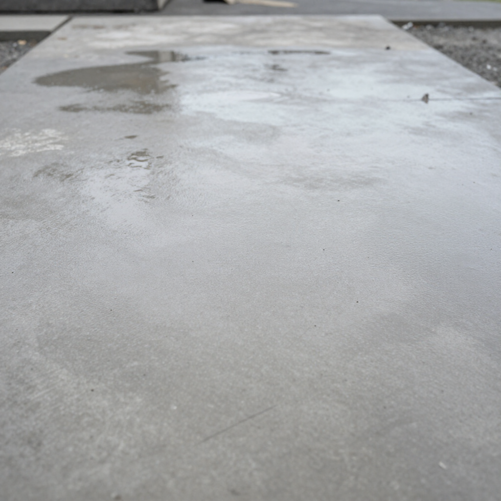 Wet concrete pavement with shallow puddles on a gray outdoor surface
