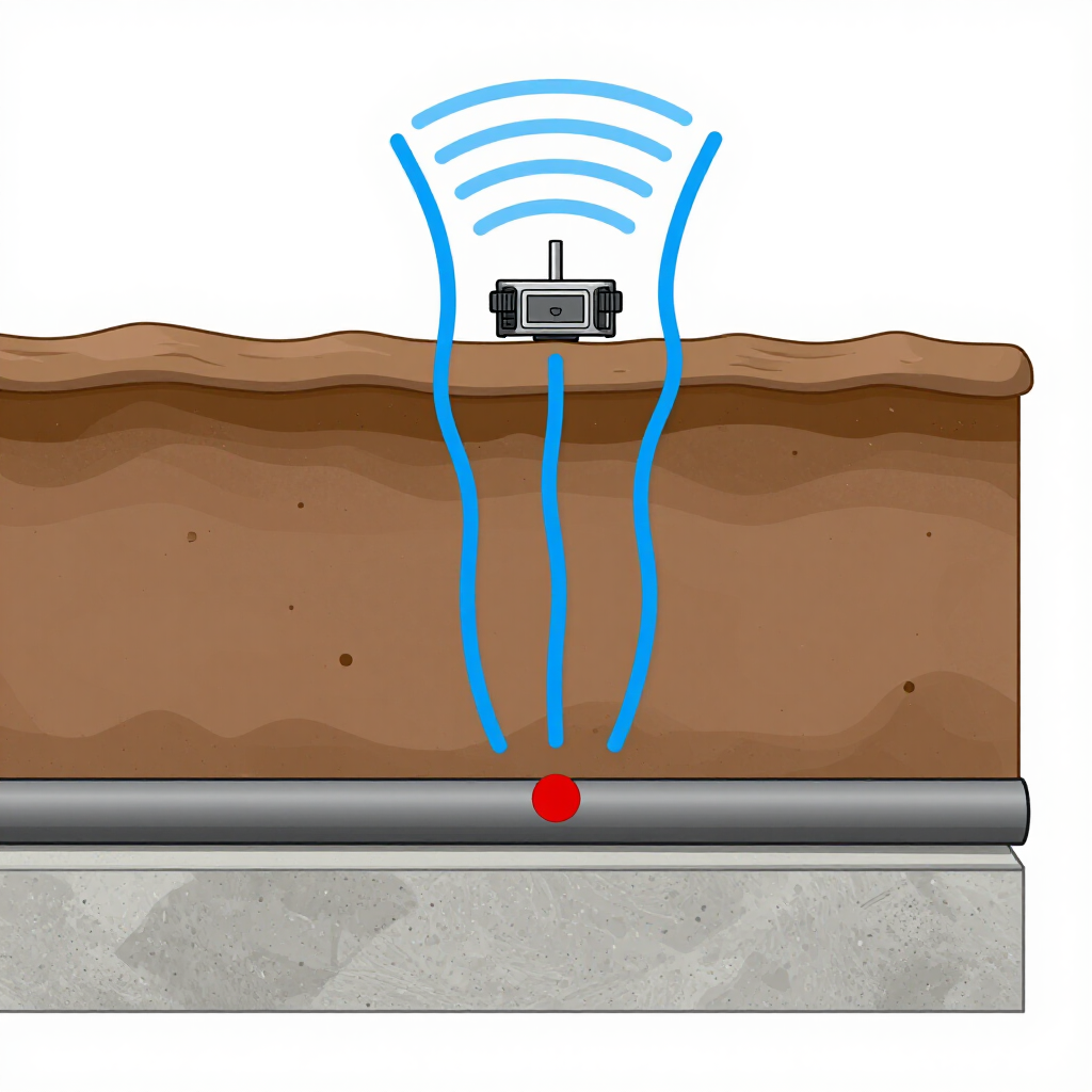 Ground-penetrating scanner on soil, sending blue signals to a buried pipe below.