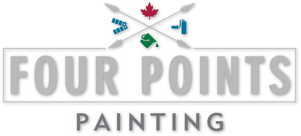 Logo for Four Points Painting featuring crossed arrows with icons of a maple leaf, paint roller, and paint can.