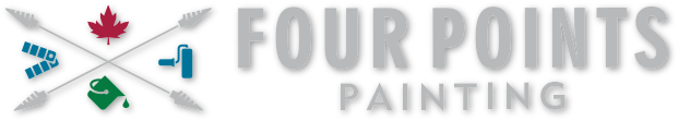 Logo for Four Points Painting featuring four gray arrows crossing, with a maple leaf, paint roller, and paint bucket icons.