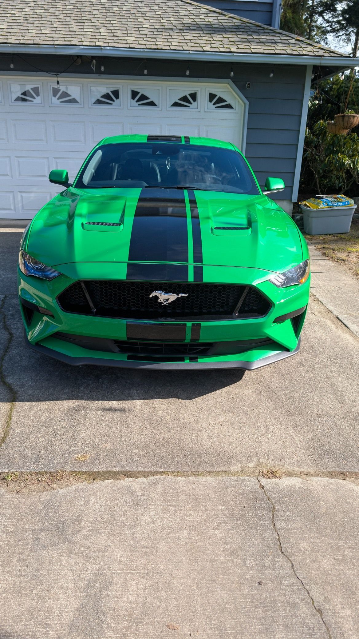 A bright green Ford Mustang with a thick black racing stripe parked on a driveway in front of a garage.