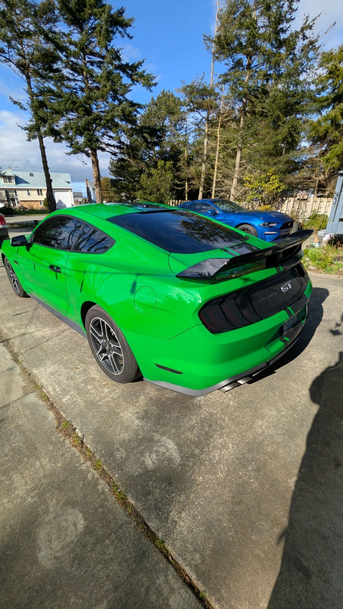 A bright green Ford Mustang parked on a concrete driveway with a blue car visible in the background.
