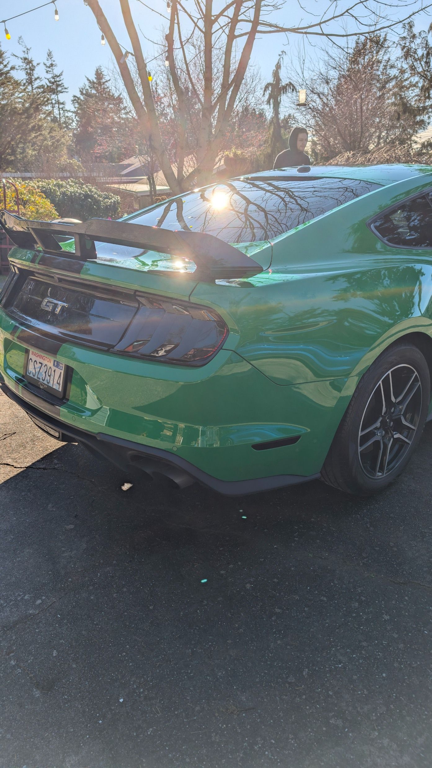 A bright green Ford Mustang with a spoiler parked outdoors on a sunny day.