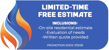 Limited-time free estimate ad with blue-orange flame logo and list of included services; ends 7/31/26