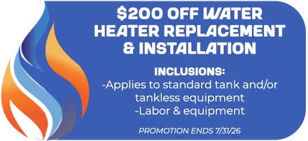 Blue promo graphic for water heater replacement and installation, $200 off, with flame icon and white text