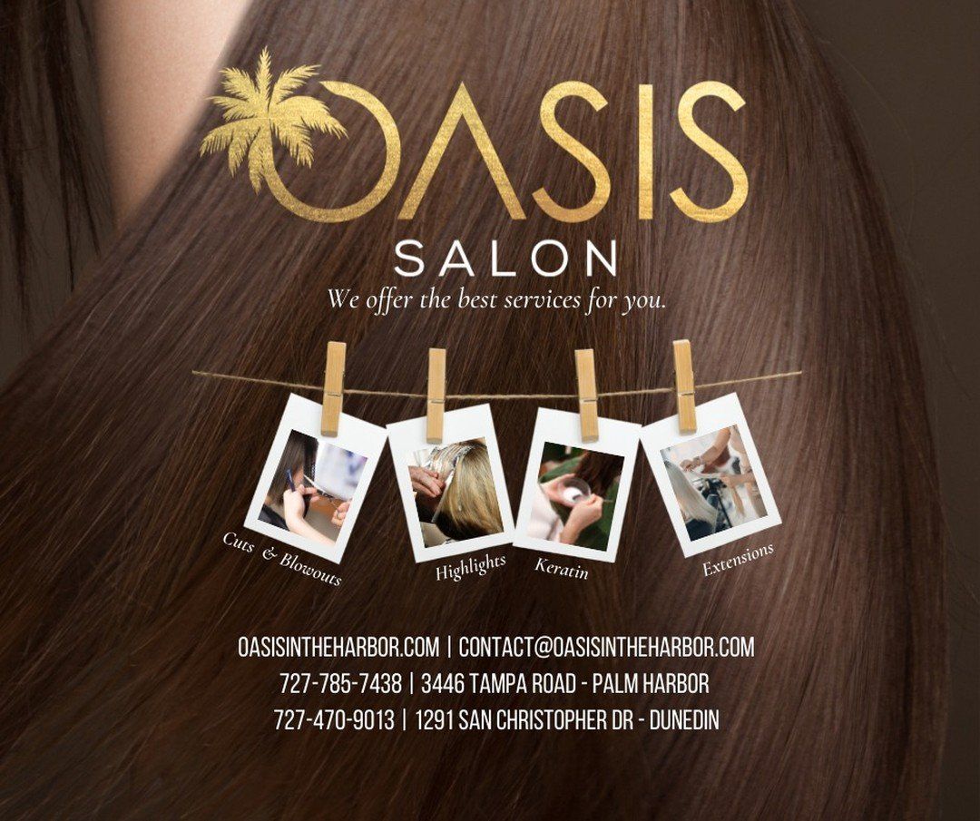 An advertisement for oasis salon with pictures hanging on a clothes line