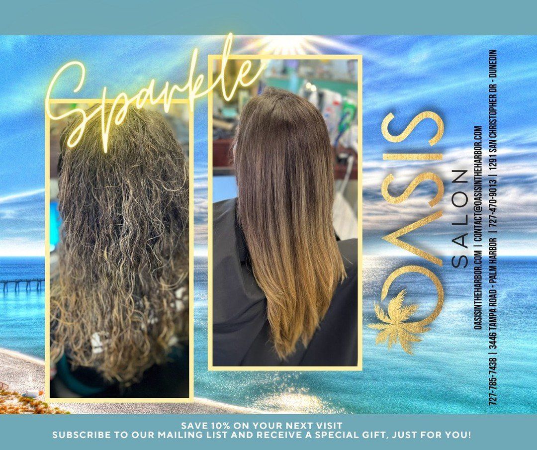 A before and after photo of a woman 's hair at the oasis salon.