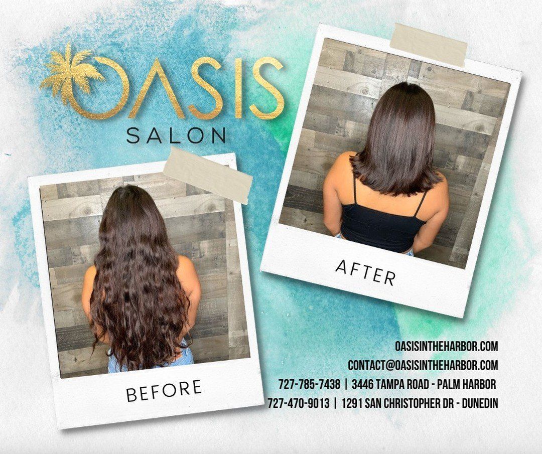A before and after photo of a woman 's hair at oasis salon