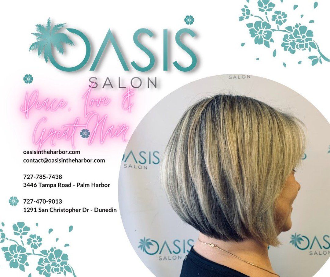 An advertisement for oasis salon shows a woman with blonde hair