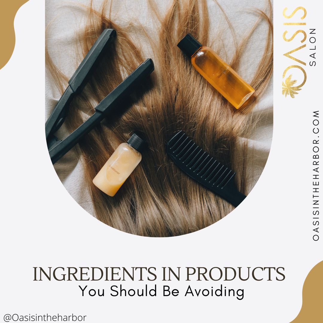 A picture of a hair straightener , comb , and bottles of ingredients in products you should be avoiding.