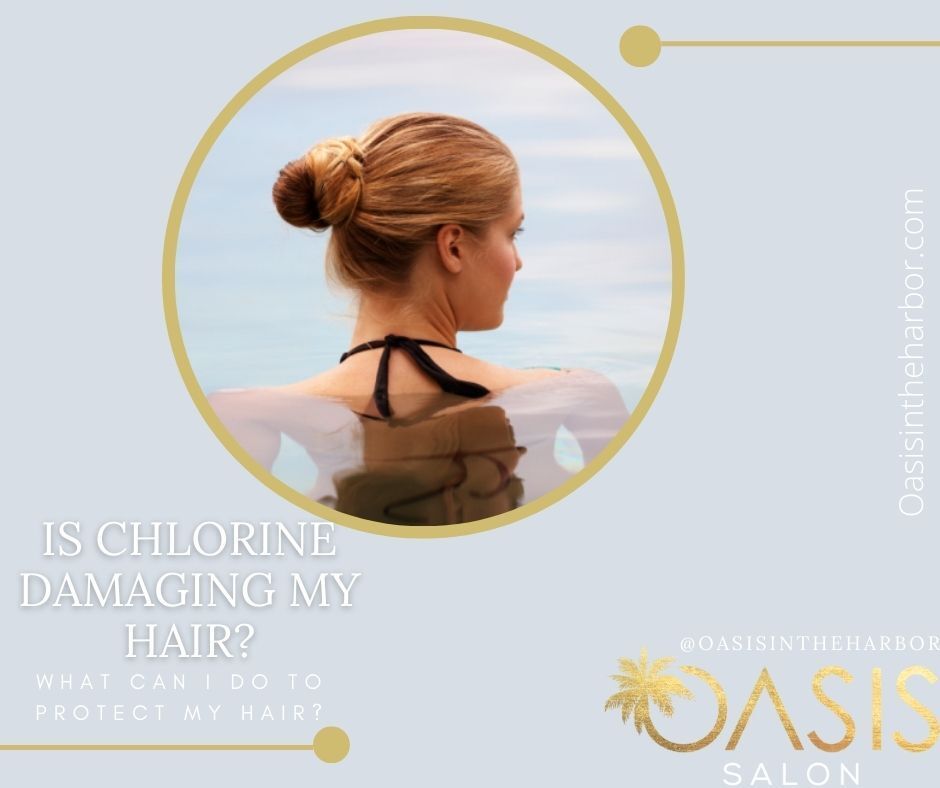 A picture of a woman 's back with the words is chlorine damaging my hair