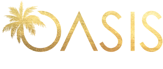 The word oasis is written in gold with a palm tree in the middle.