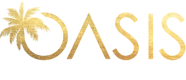 The word oasis is written in gold with a palm tree in the middle.