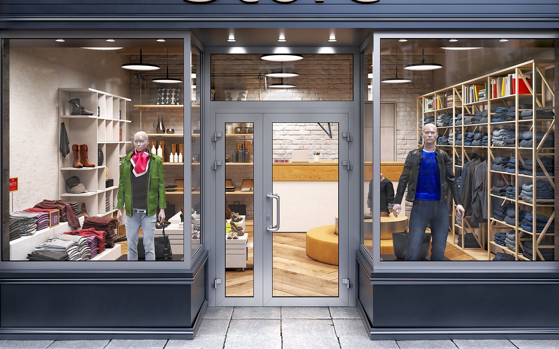 Clothing store exterior with mannequins in windows. Shelves of merchandise visible; a door opens to a counter.