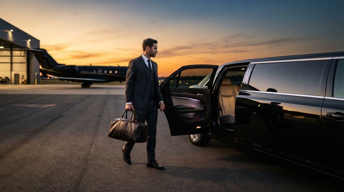 Man in a suit carrying a duffel bag steps toward an open black limousine at sunset.