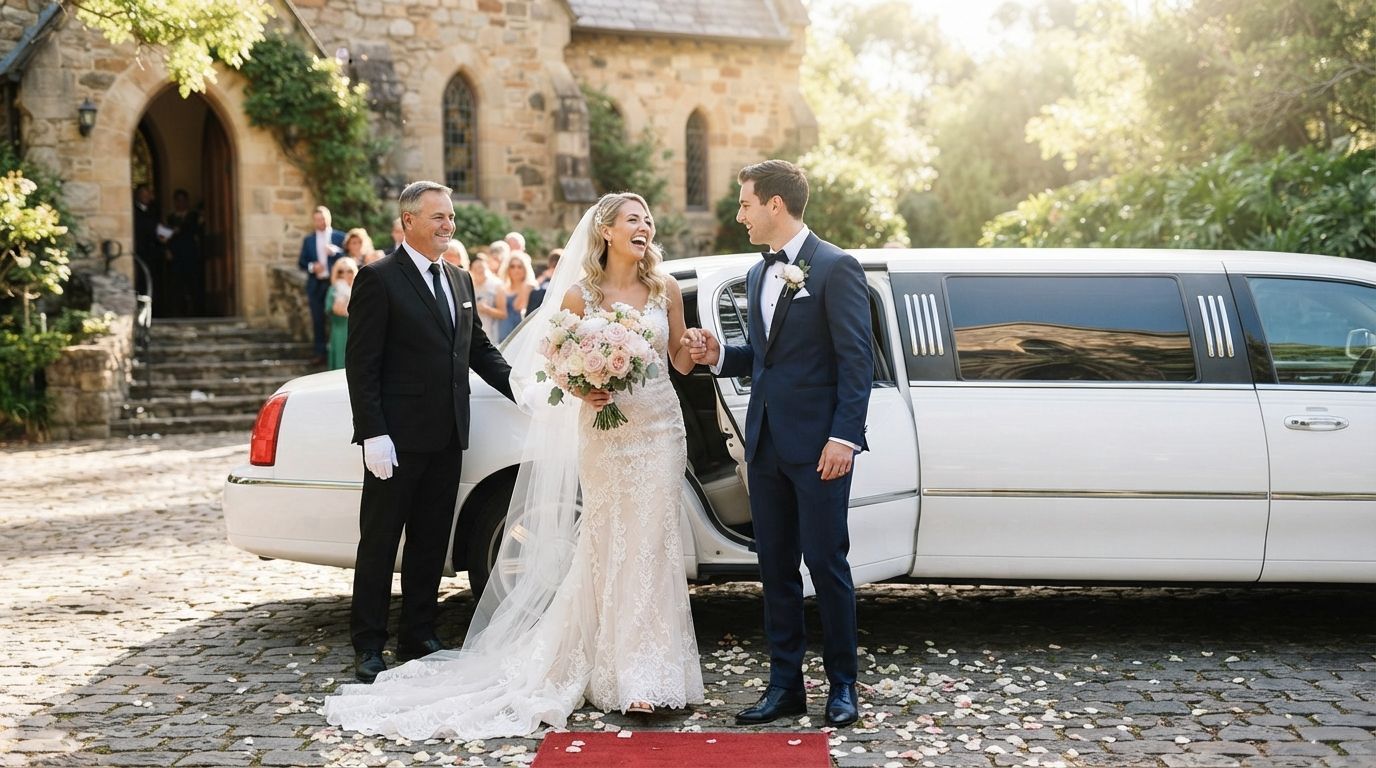 Wedding party outside stone church beside a white limousine, with bride in white gown and groom in navy suit