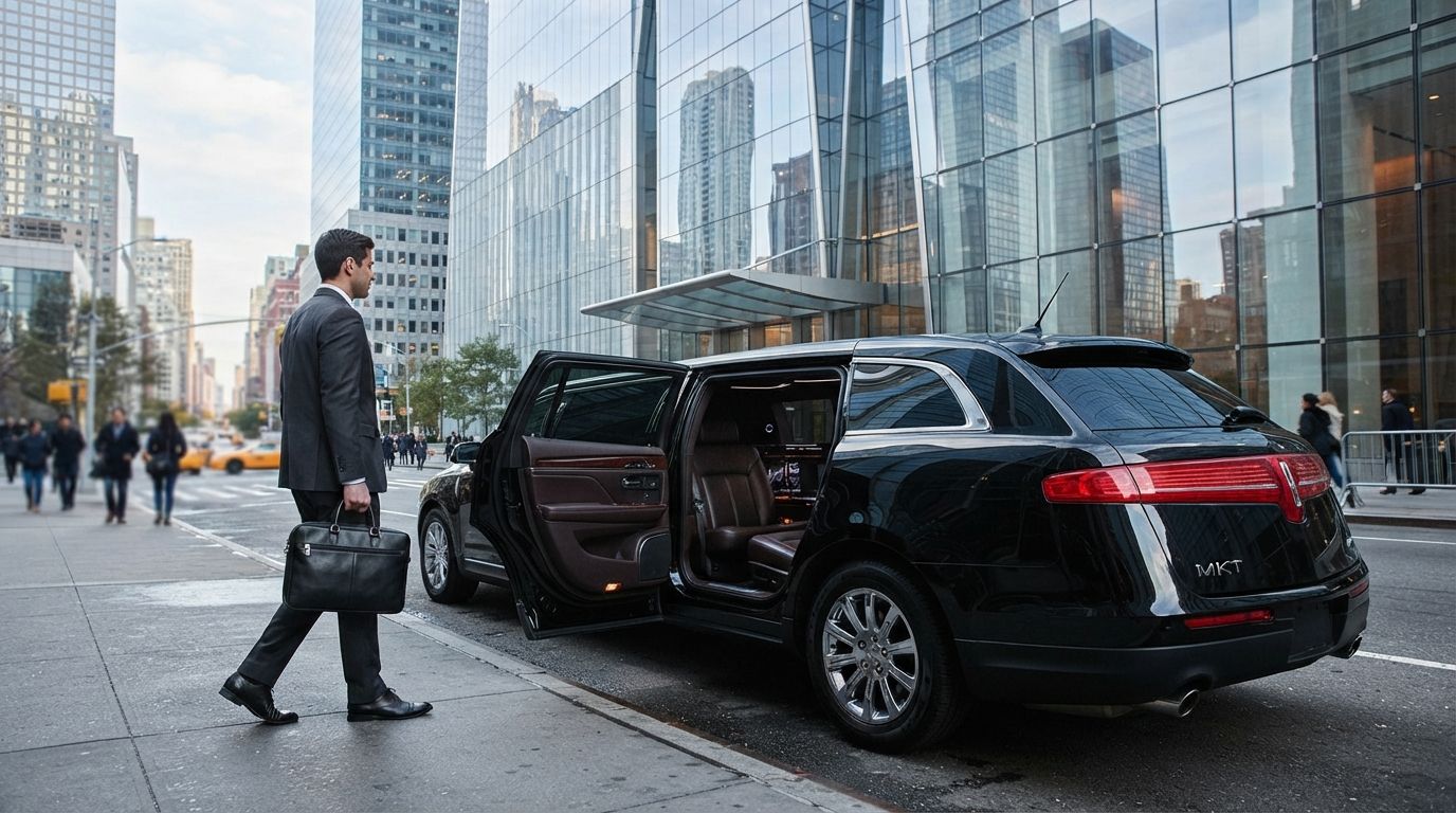 Black luxury SUV with open rear door on a city street, man walking beside it among tall glass buildings