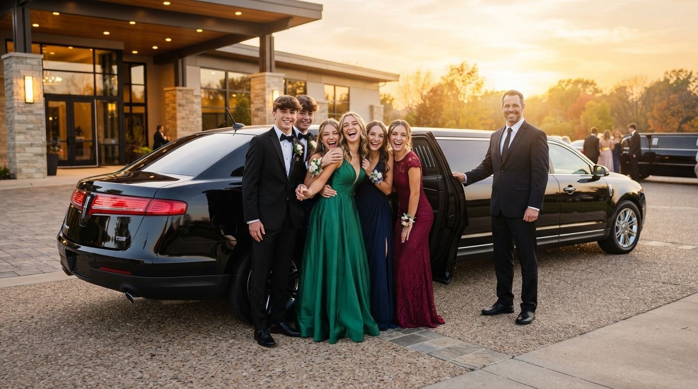 Group posing beside black limousine at sunset outside a building
