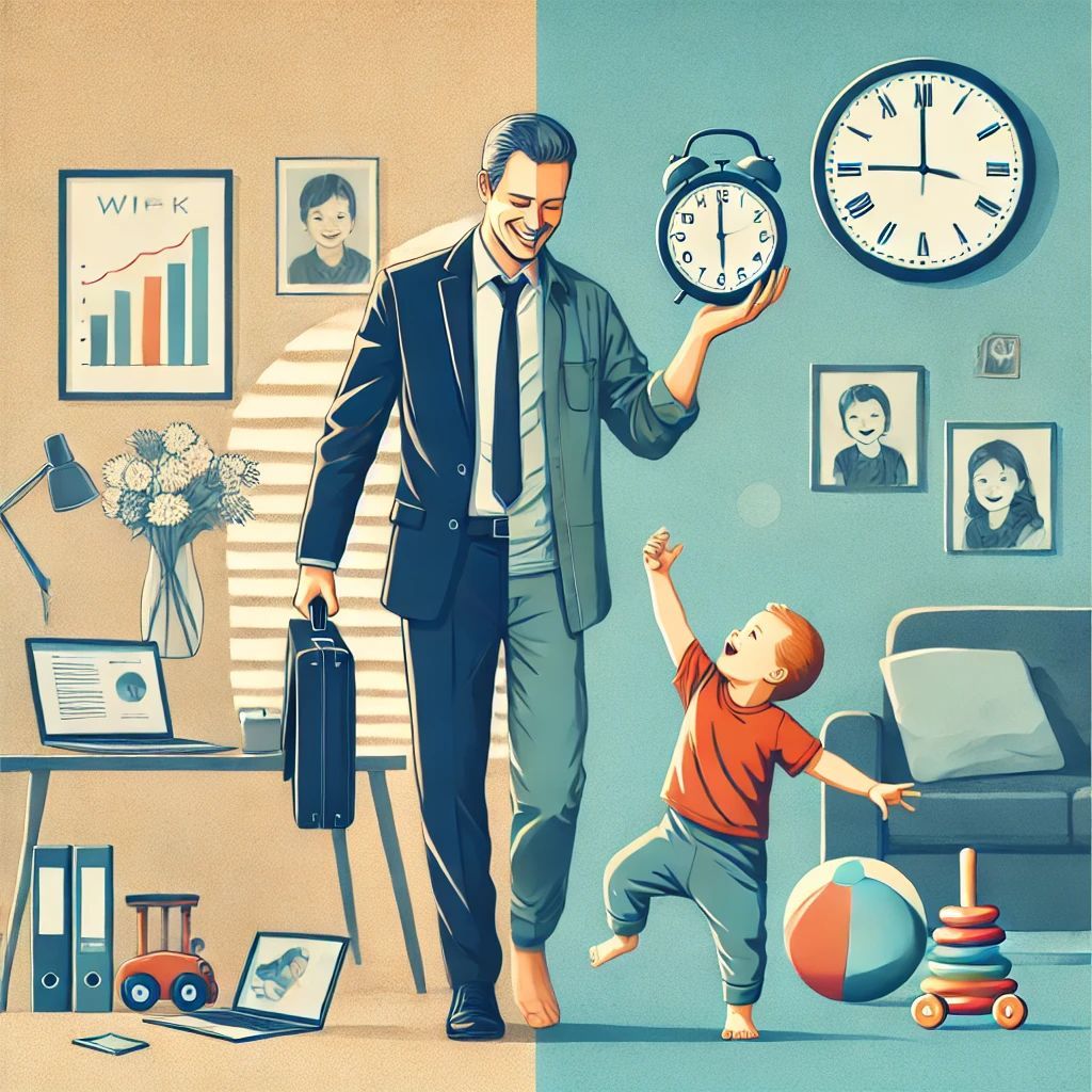A cartoon of a working office man balancing his work and home life.