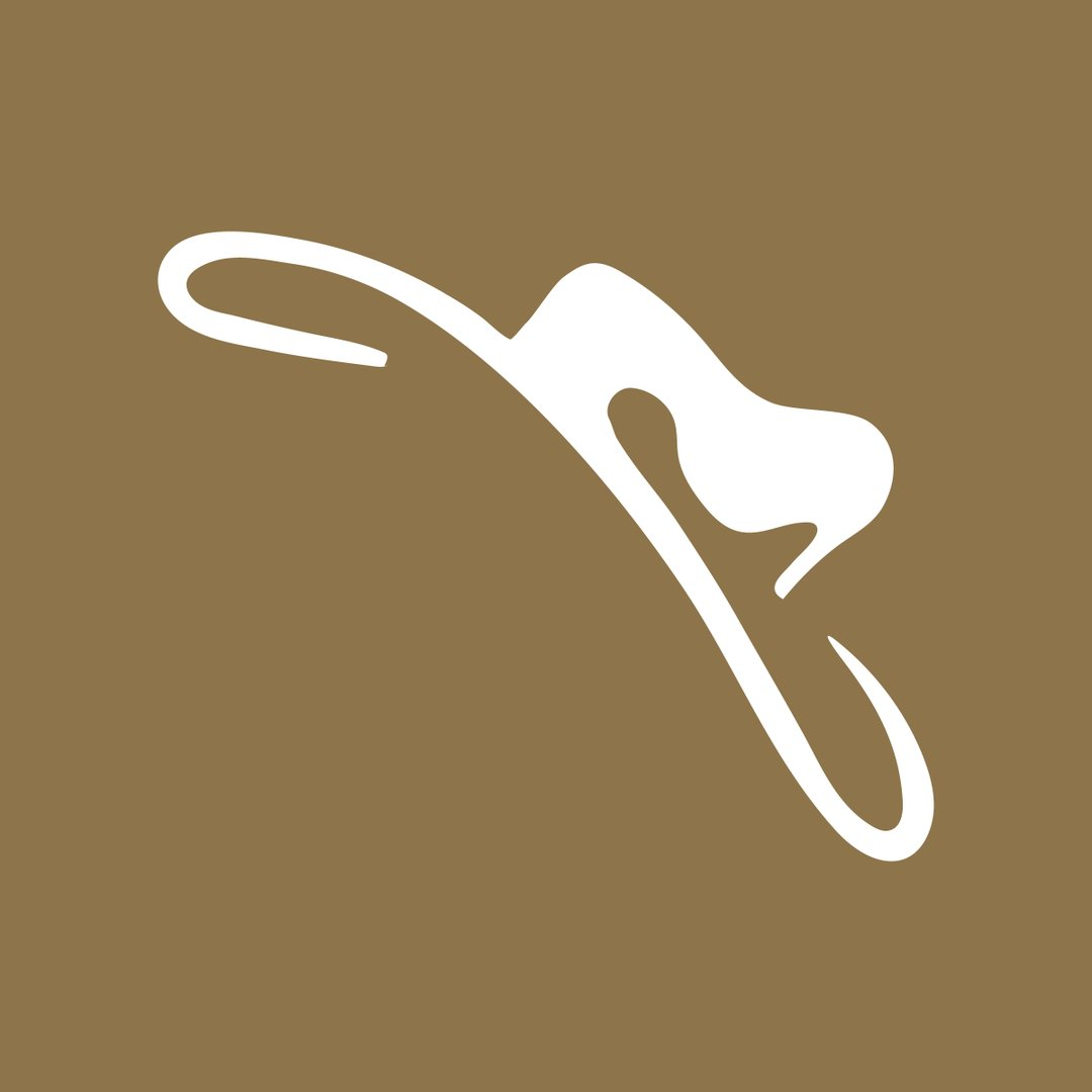 White abstract swoosh logo on a brown background