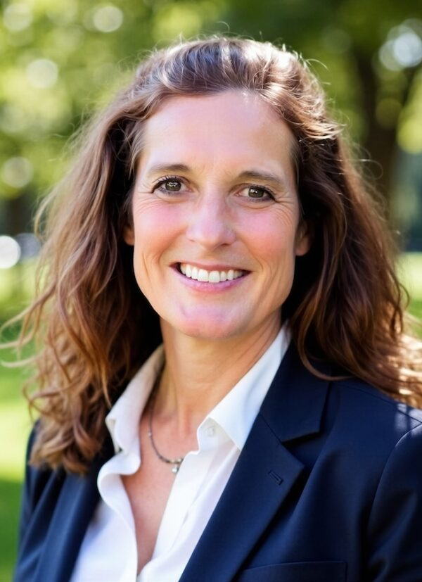 Smiling person in a navy blazer and white shirt outdoors with blurred green background