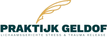 Logo voor Praktijk Geldof, met tekst en een ontwerpelement in de vorm van een gouden veer.