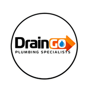 DrainGo logo with orange arrow and &ldquo;PLUMBING SPECIALISTS&rdquo; text on a white background