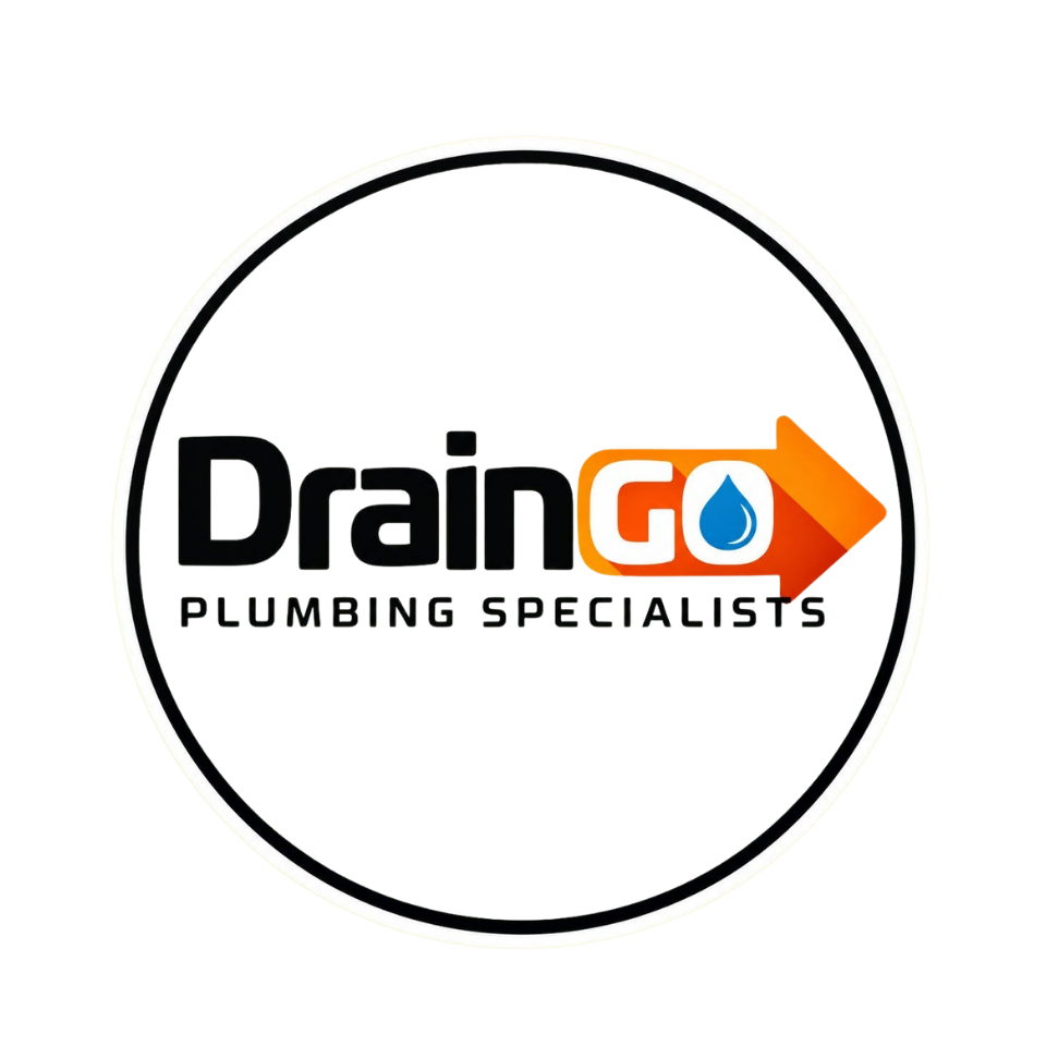 DrainGo logo with orange arrow and &ldquo;PLUMBING SPECIALISTS&rdquo; text on a white background