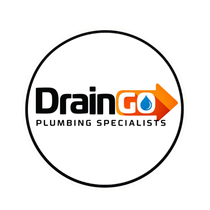 DrainGo logo with orange arrow and “PLUMBING SPECIALISTS” text on a white background