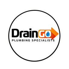 DrainGo logo with orange arrow and &ldquo;PLUMBING SPECIALISTS&rdquo; text on a white background