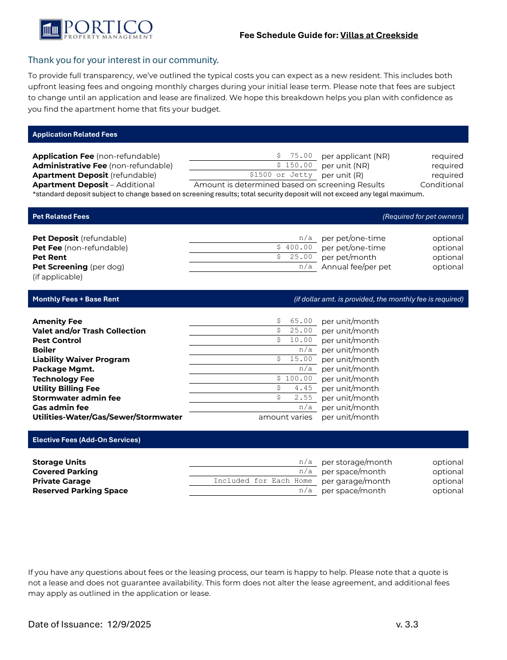 Villas at Creekside Fee Sheet