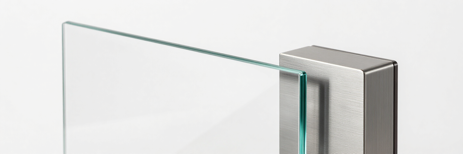 Panel de vidrio transparente con una bisagra o soporte metálico sobre un fondo blanco