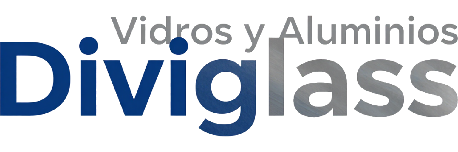 Logotipo de Diviglass con texto azul y gris y “Vidros y Aluminios” en gris más pequeño encima
