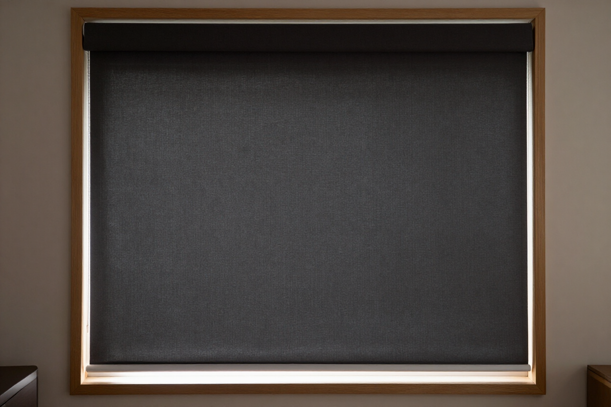 Persiana opaca de color gris oscuro, enmarcada en madera, con luz entrando por la parte inferior